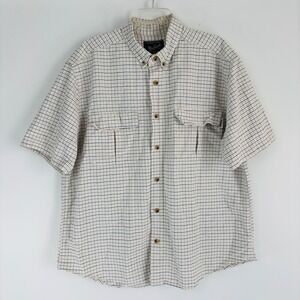 Woolrich‎ Mens XL Short Sleeve Button Down Shirt Cream Navy Yellow Grid Plaid